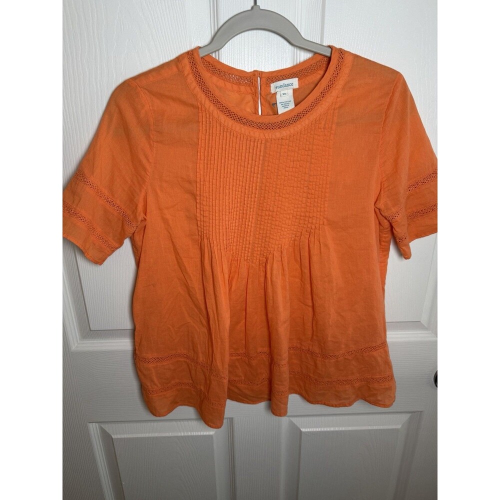Sundance Shirt Women XS Orange Cotton Pleated Crochet Short Sleeve Blouse Boho